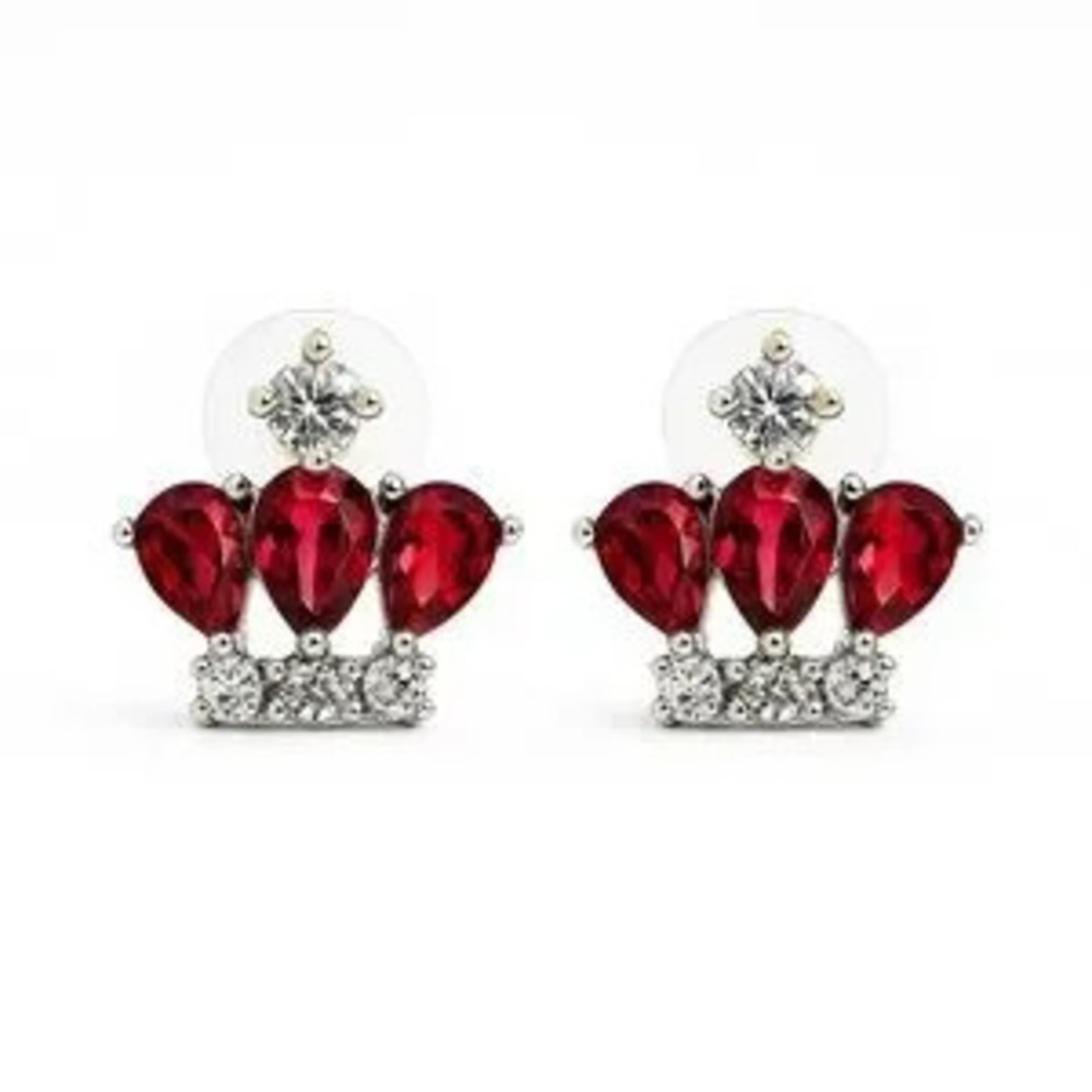 Chic Red and Silver Crown Earrings With Cubic Zirconia